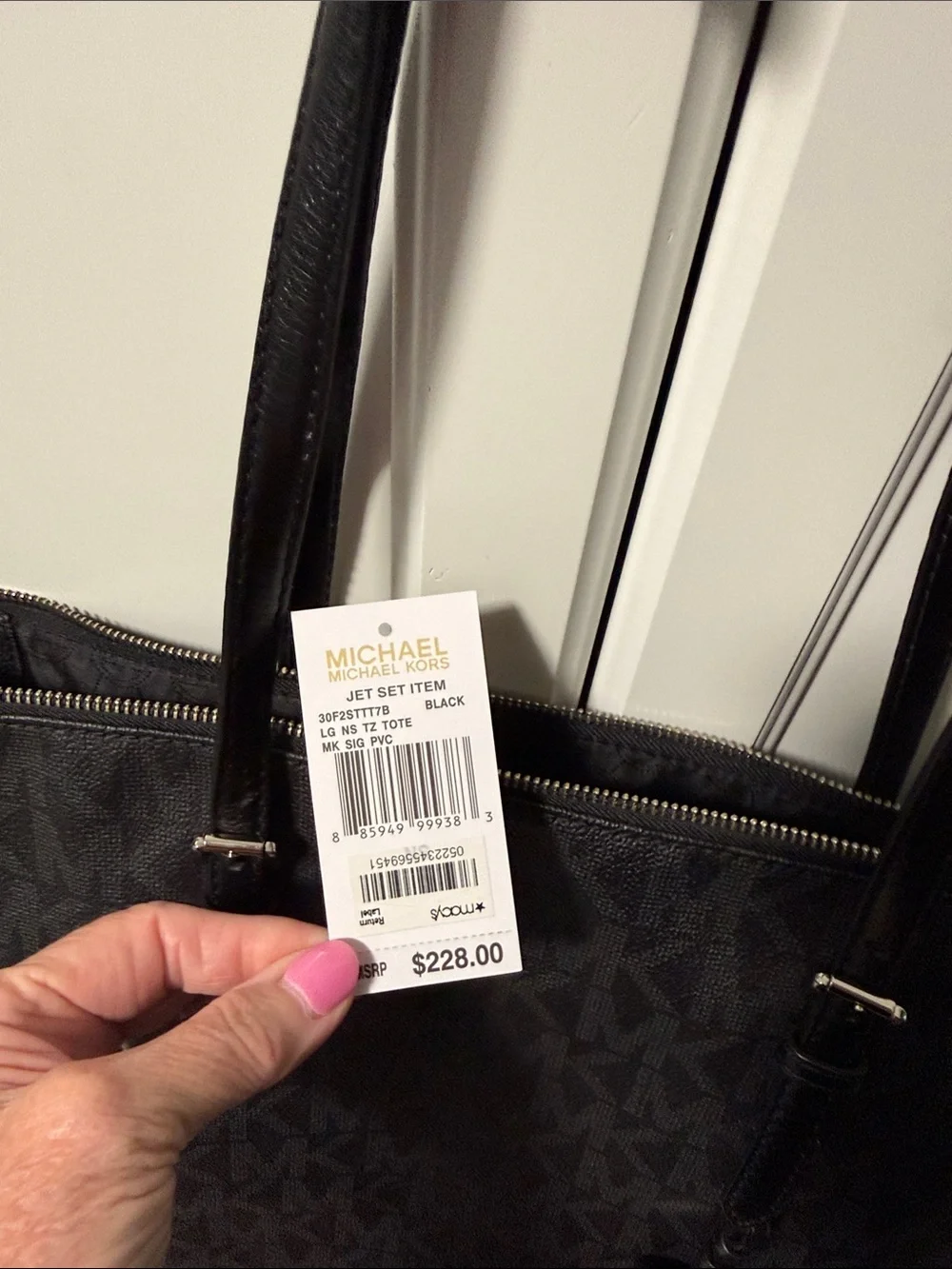 Michael Kors Black Logo Tote Bag- signature MK print; silver hardware